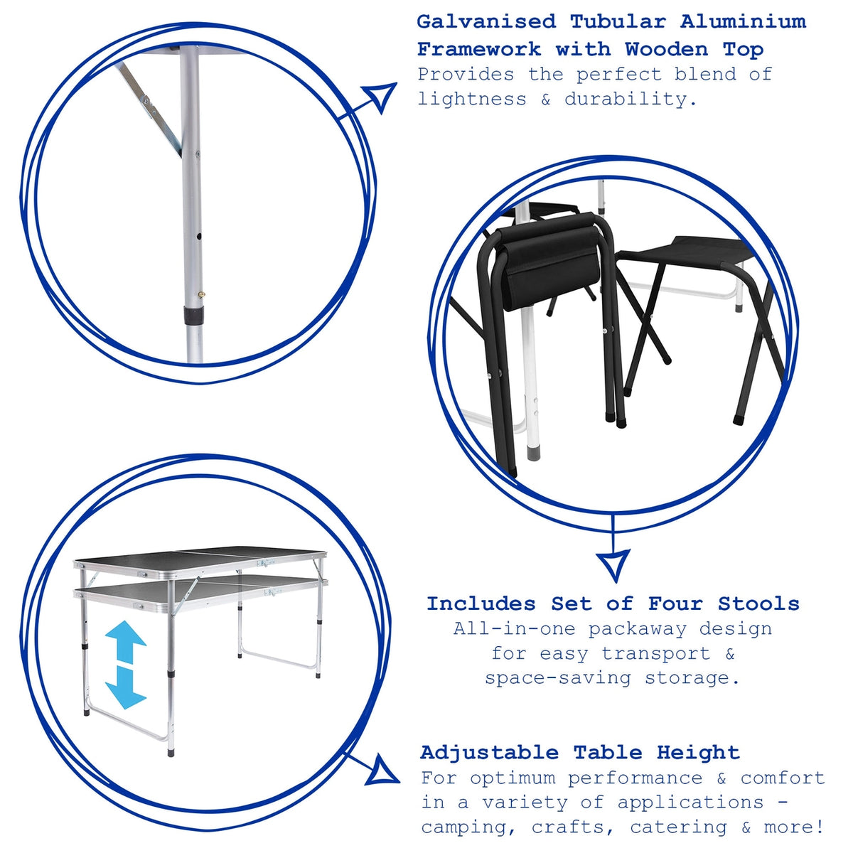 5 Piece Height Adjustable Folding Picnic Table & Chairs Set (Black)