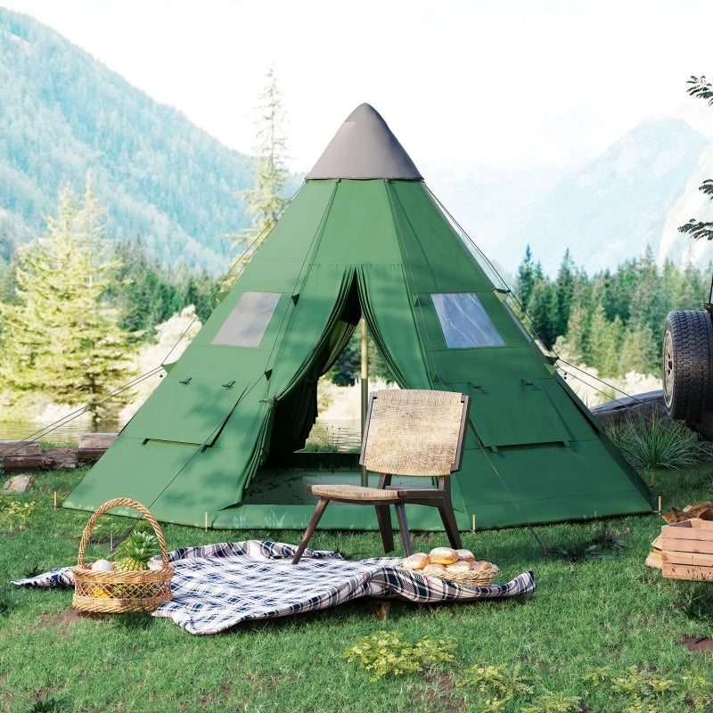 6-man Tipi Tent - Green, 2.6 M Height, Polyester Spacious Group Tent with Carry Bag