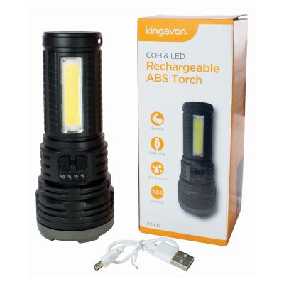 Lampe torche rechargeable en plastique noir 2 W + 1 W Cob avec éclairage de travail – Par Kingavon