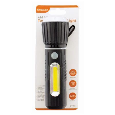 Lampe torche noire en plastique Cob 3 W + 1 W avec éclairage de travail – Par Kingavon