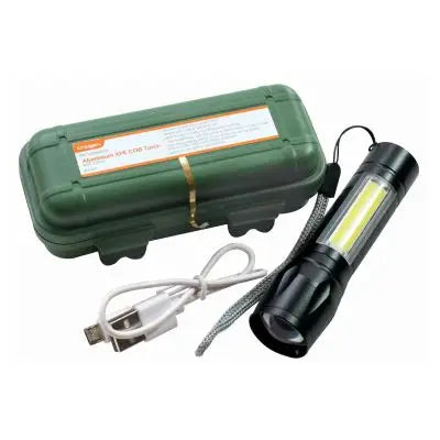 Lampe torche rechargeable Cob noire en aluminium 3 W + 2 W avec zoom – Par Kingavon