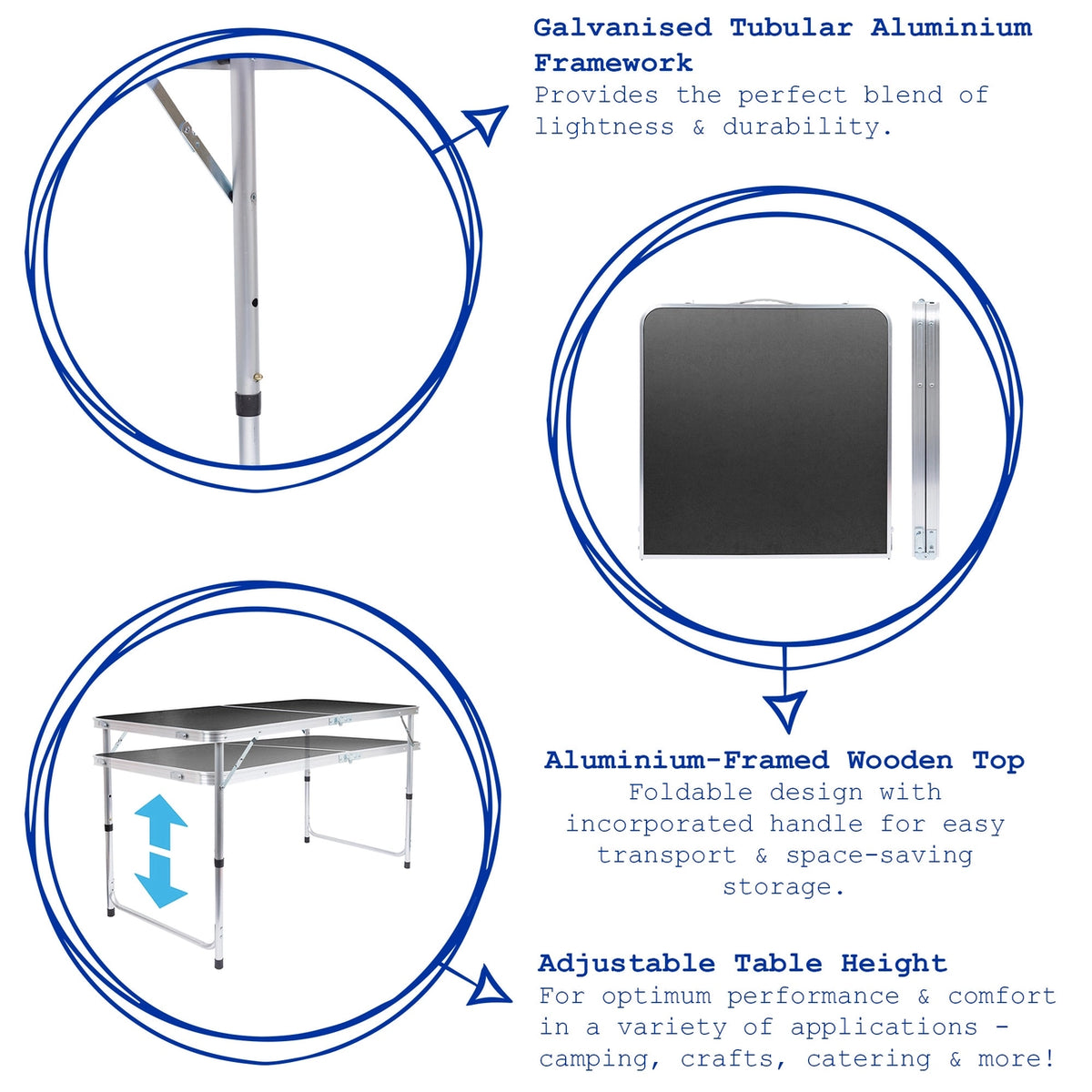Height Adjustable Folding Picnic Table - 120cm (4ft) (Black)
