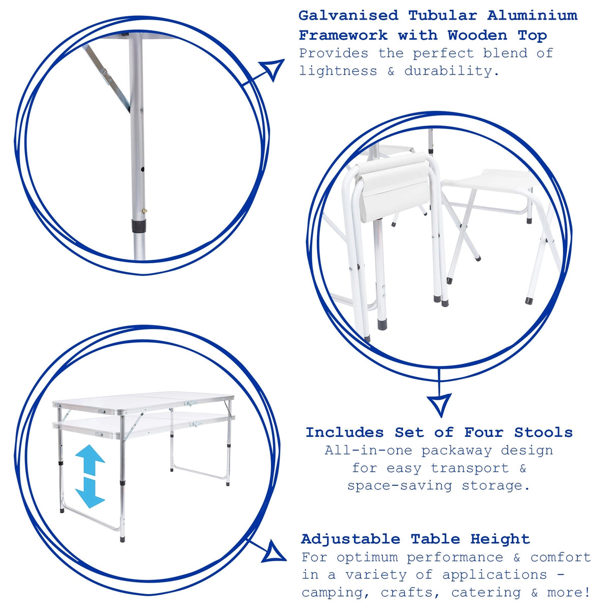 5 Piece Height Adjustable Folding Picnic Table & Chairs Set (White)