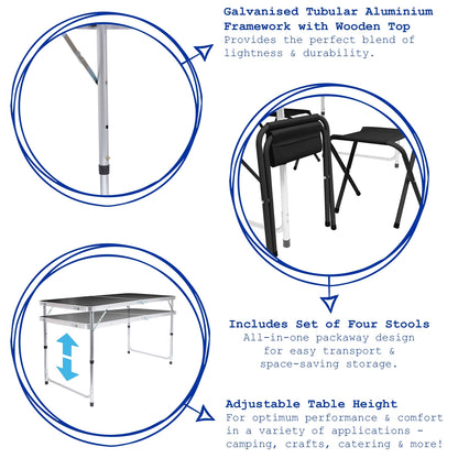 5 Piece Height Adjustable Folding Picnic Table & Chairs Set (Black)