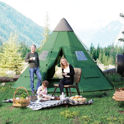 6-man Tipi Tent - Green, 2.6 M Height, Polyester Spacious Group Tent with Carry Bag