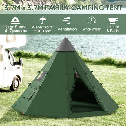 6-man Tipi Tent - Green, 2.6 M Height, Polyester Spacious Group Tent with Carry Bag