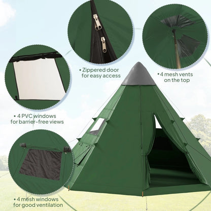 6-man Tipi Tent - Green, 2.6 M Height, Polyester Spacious Group Tent with Carry Bag