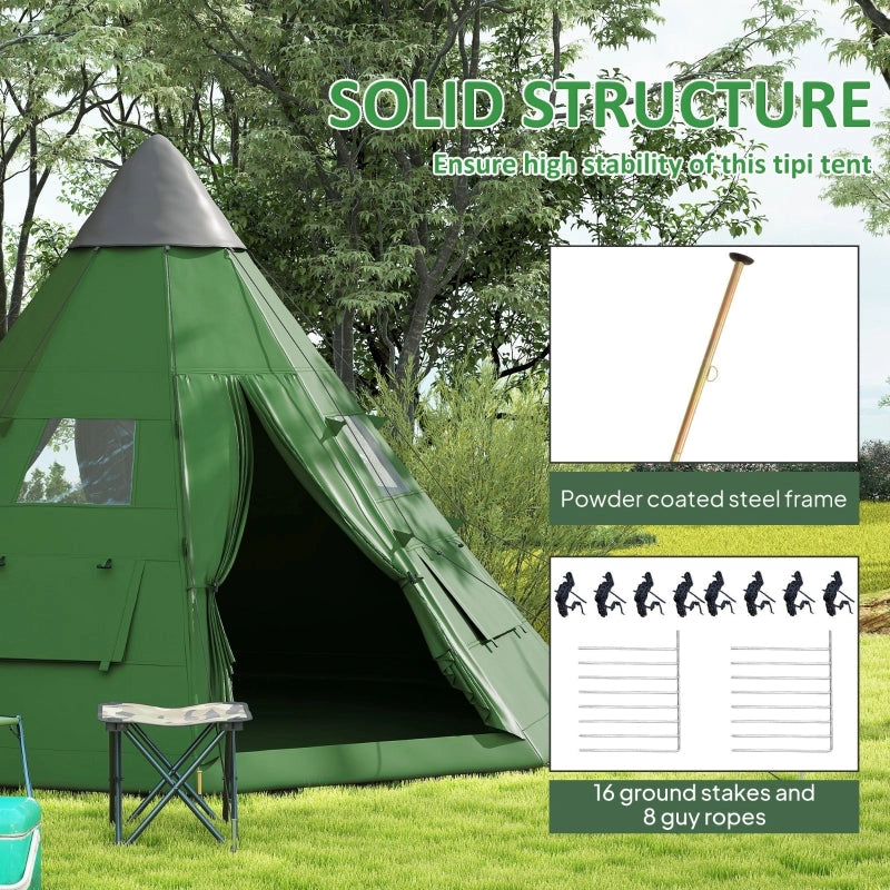 6-man Tipi Tent - Green, 2.6 M Height, Polyester Spacious Group Tent with Carry Bag