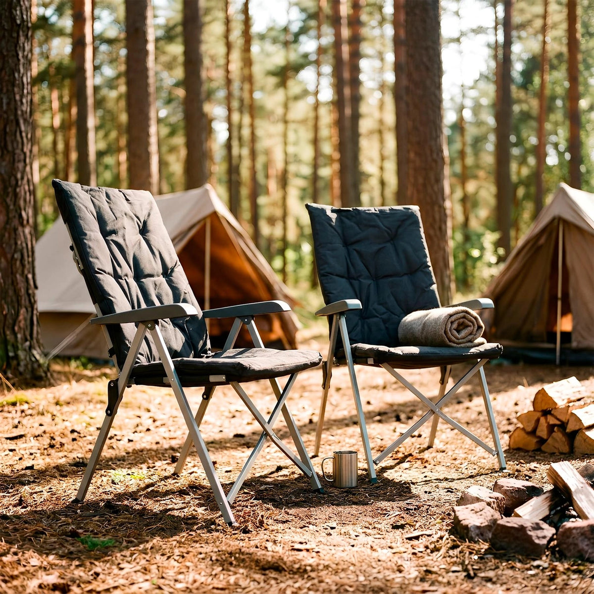 High Back Padded Reclining Camping Chair - Black