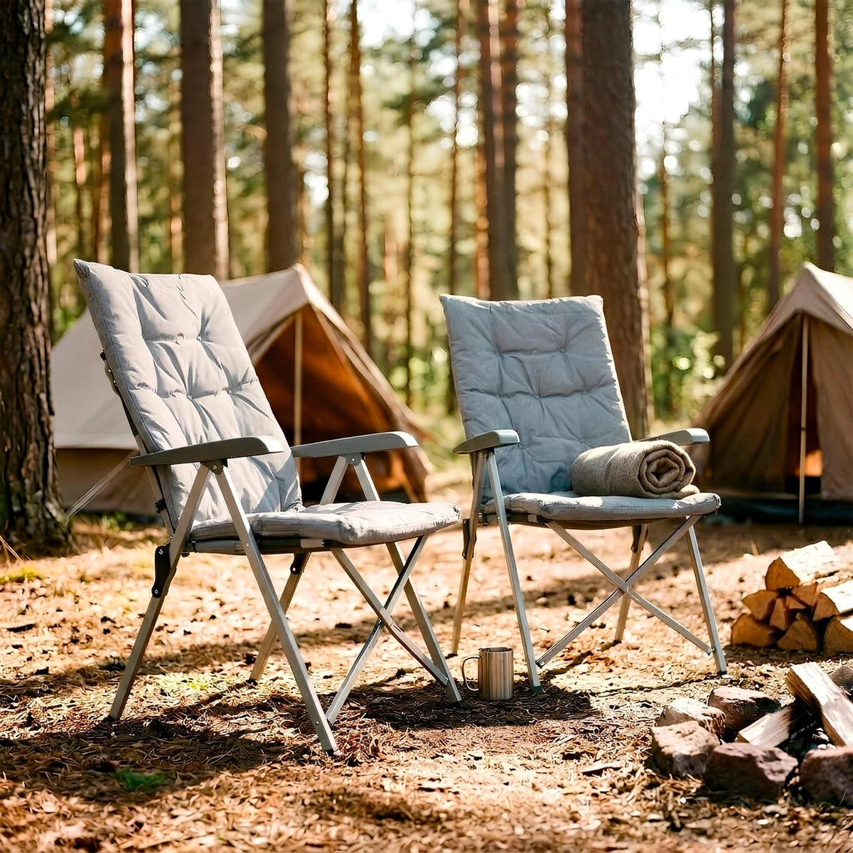 High Back Padded Reclining Camping Chair - Grey