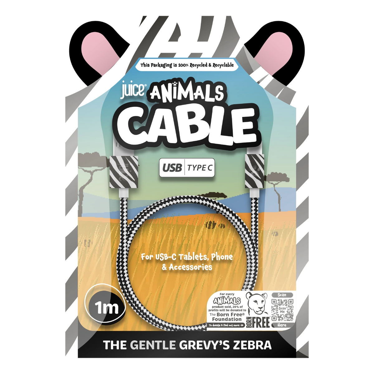 Juice Animals Type C Braided 1M Charging Cable (Gentle Grevy's Zebra)