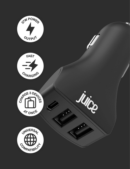 Juice Eco 37W 3-Port Car Charger with Power Delivery – Black