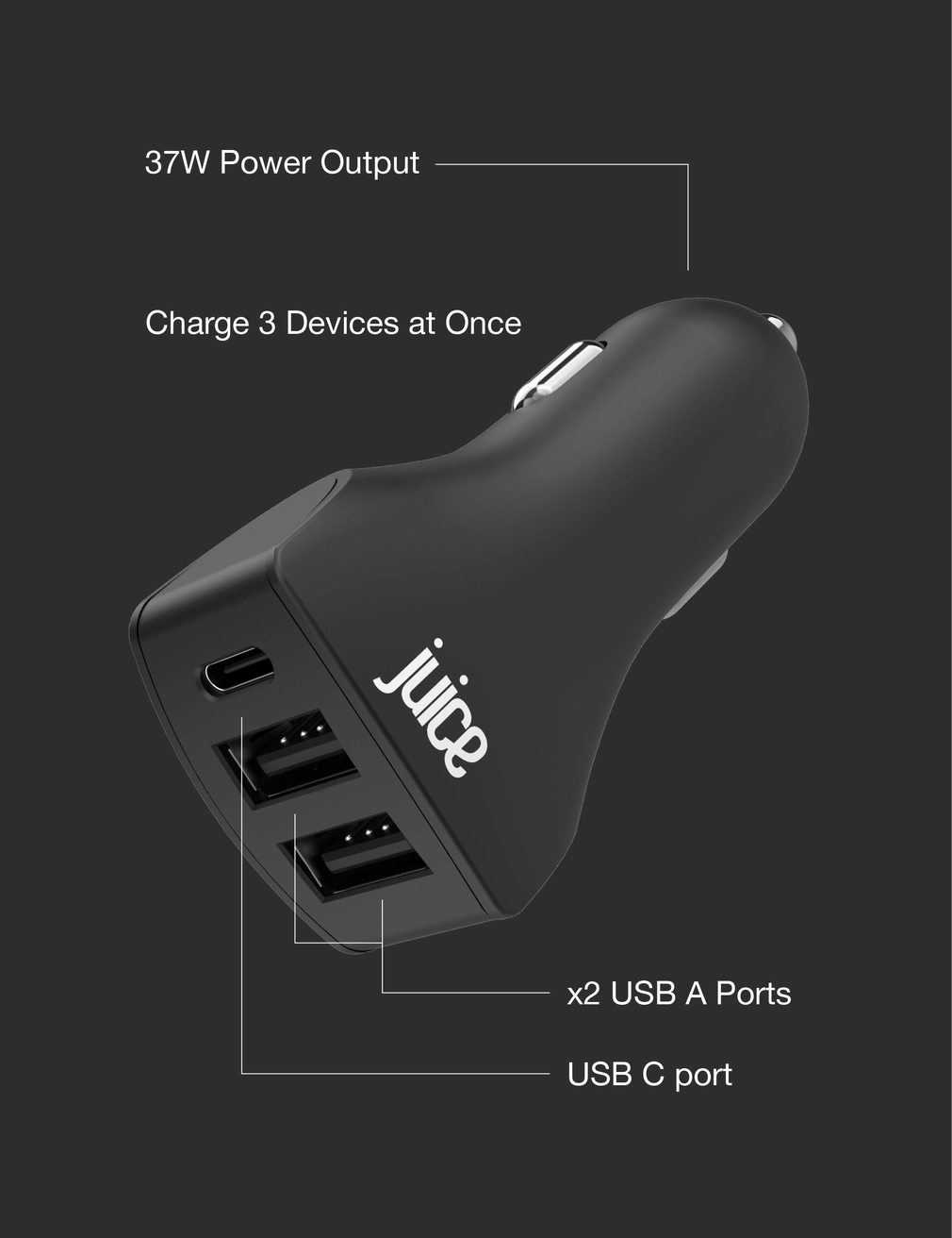 Juice Eco 37W 3-Port Car Charger with Power Delivery – Black