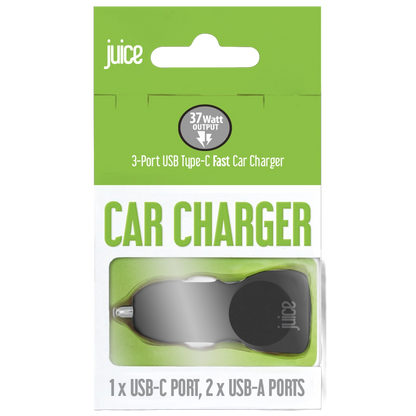 Juice Eco 37W 3-Port Car Charger with Power Delivery – Black