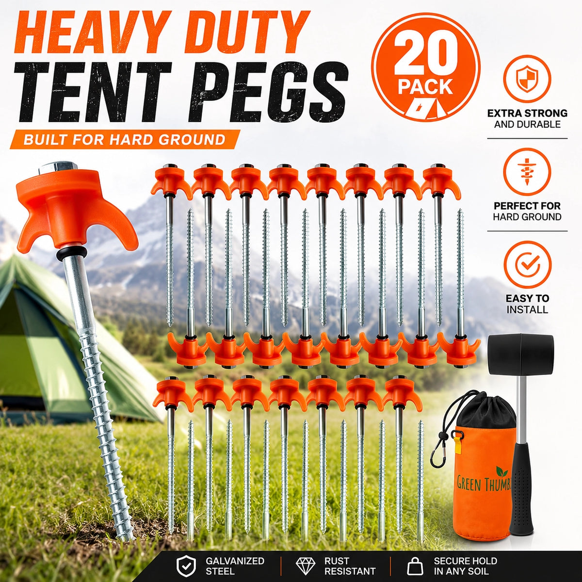 Pack of 20 Heavy Duty Tent Pegs - Hard Ground Camping Pegs
