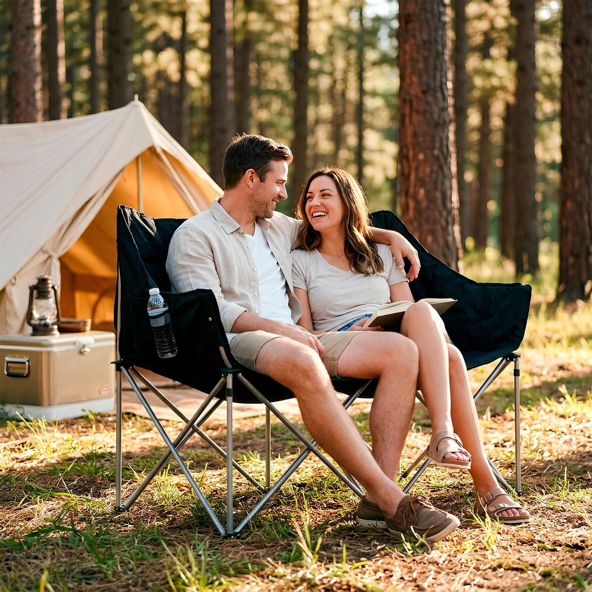 Padded Folding Double Camping Chair - Black