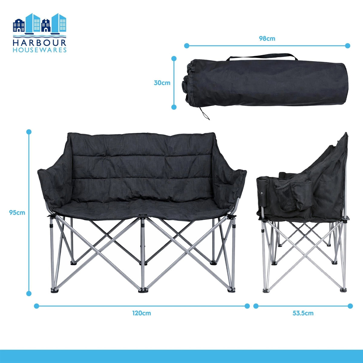 Padded Folding Double Camping Chair - Grey
