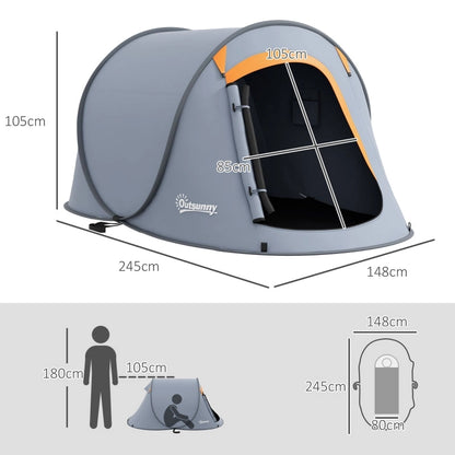 Pop-Up Dome Tent For 2 Adults, Grey, Waterproof Polyester, Easy Setup, Mesh Window, Camping Accessories Included